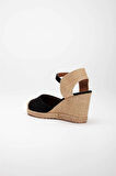 Gerçek Elişi Keten Hasır Espadril Siyah Burnu Hasırlı Arkası Açık Dolgu Topuk Handmade