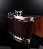Perlotus 5 Oz-150 cc Hunili Kahve Brown Deri Kılıf Çelik Viski İçki Konyak Matarası