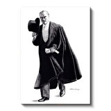 Pelerinli Atatürk - Şapkalı Siyah Beyaz Çizim Kanvas Tablo