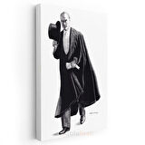 Pelerinli Atatürk - Şapkalı Siyah Beyaz Çizim Kanvas Tablo