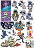 Retro Astronot Sticker Set 3 18 Parça Telefon, Tablet, Defter, Laptop Sticker