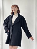 Retrobird Özel Tasarım Retro Model Oversize Kaşe Kaban Kadın Siyah