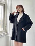 Retrobird Özel Tasarım Retro Model Oversize Kaşe Kaban Kadın Siyah