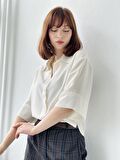 Retrobird Retro Model Bol Kısa Kol Gömlek Kadın Ekru
