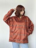 Retrobird Etnik Desen Örme Kumaş Oversize Kapüşonlu Sweatshirt Unisex Tarçın