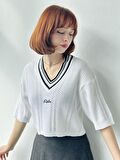 Retrobird Retro Nakışlı İnce Triko Baharlık Üst Kadın Beyaz