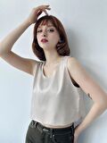 Retrobird Crop Basic Saten Atlet Bluz Kadın Krem