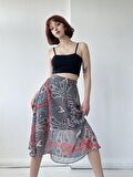 Retrobird Transparan Midi Boy Şifon Astarlı Romantik Tasarım Etek Lacivert Kadın