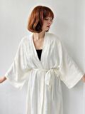 Retrobird Jakarlı Suni İpek Kumaş Kimono Kadın Ekru