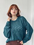 Retrobird Ajurlu Retro Desen Örme Triko Kazak Basic Triko Kadın Petrol