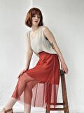 Retrobird Midi Boy Tül Romantik Tasarım Etek Kiremit