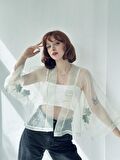 Retrobird Organze Tasarım Mini Kimono Kadın Kül Mavi
