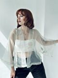 Retrobird Organze Tasarım Mini Kimono Kadın Kül Mavi