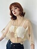 Retrobird Tasarım Organze Mini Kimono Kadın Kum