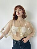 Retrobird Tasarım Organze Mini Kimono Kadın Kum