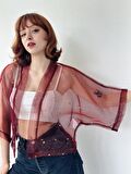 Retrobird Tasarım Organze Mini Kimono Kadın Bordo