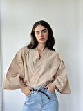 Retrobird Tasarım Bohem Desenli Mini Kimono Kadın Kum