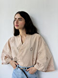 Retrobird Tasarım Bohem Desenli Mini Kimono Kadın Kum