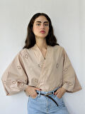 Retrobird Tasarım Bohem Desenli Mini Kimono Kadın Kum