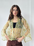 Retrobird Tasarım Desenli Organze Mini Kimono Kadın Açık Yeşil