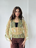 Retrobird Tasarım Desenli Organze Mini Kimono Kadın Açık Yeşil