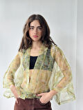 Retrobird Tasarım Desenli Organze Mini Kimono Kadın Açık Yeşil