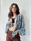 Retrobird Tasarım Şal Desenli Saten Mini Kimono Kadın Mavi