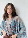 Retrobird Tasarım Şal Desenli Saten Mini Kimono Kadın Mavi