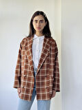 Retrobird 90'lar Retro Model Oversize Tasarım Ekose Ceket Kadın Açık Kahve