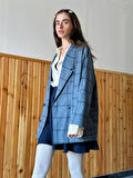 Retrobird 90'lar Retro Model Oversize Tasarım Ekose Ceket Kadın Kül Mavi