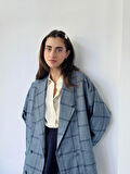 Retrobird 90'lar Retro Model Oversize Tasarım Ekose Ceket Kadın Kül Mavi
