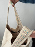 Retrobird Tasarım Kapitone Tote Çanta Shopping Bag Kadın Ekru