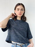 Retrobird Parlak Simli Crop Bluz Kadın Lacivert