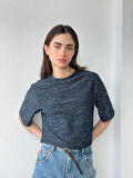 Retrobird Parlak Simli Crop Bluz Kadın Lacivert