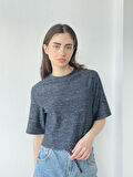 Retrobird Parlak Simli Crop Bluz Kadın Lacivert