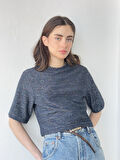 Retrobird Parlak Simli Crop Bluz Kadın Lacivert