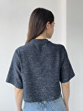 Retrobird Parlak Simli Crop Bluz Kadın Lacivert