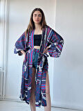 Retrobird Tasarım Marin Zincir Desen Uzun Kimono Kadın Lacivert