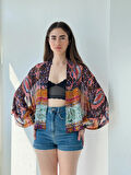 Retrobird Tasarım Etnik Desen Şifon Mini Kimono Kadın Çok Renkli