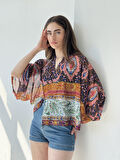 Retrobird Tasarım Etnik Desen Şifon Mini Kimono Kadın Çok Renkli