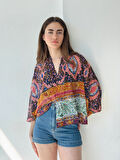 Retrobird Tasarım Etnik Desen Şifon Mini Kimono Kadın Çok Renkli