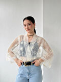 Retrobird Tasarım Tül Mini Kimono Kadın Fildişi
