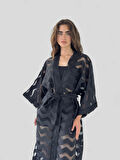Retrobird Tasarım Şeritli Uzun Kimono Kadın Siyah Şeffaf