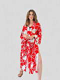 Retrobird Tasarım Desenli Uzun Kimono Kadın Kırmızı