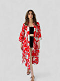 Retrobird Tasarım Desenli Uzun Kimono Kadın Kırmızı