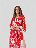 Retrobird Tasarım Desenli Uzun Kimono Kadın Kırmızı