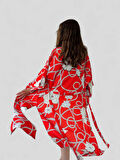 Retrobird Tasarım Desenli Uzun Kimono Kadın Kırmızı
