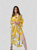 Retrobird Tasarım Desenli Uzun Kimono Kadın Hardal