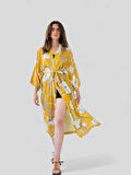 Retrobird Tasarım Desenli Uzun Kimono Kadın Hardal
