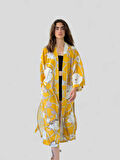 Retrobird Tasarım Desenli Uzun Kimono Kadın Hardal